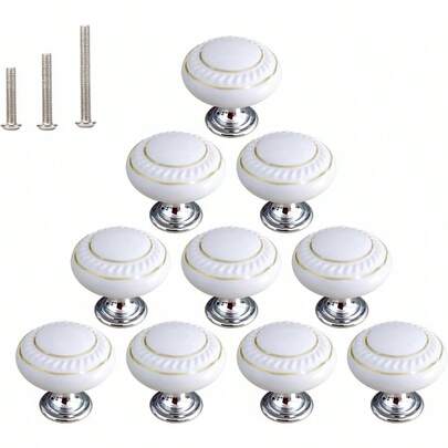 HUAMULAN Juego de 10 pomos de cerámica blanca con círculos dorados simples tiradores redondos para clóset de cocina base de aleación de zinc manijas de puerta de clóset cajones 3 tornillos de