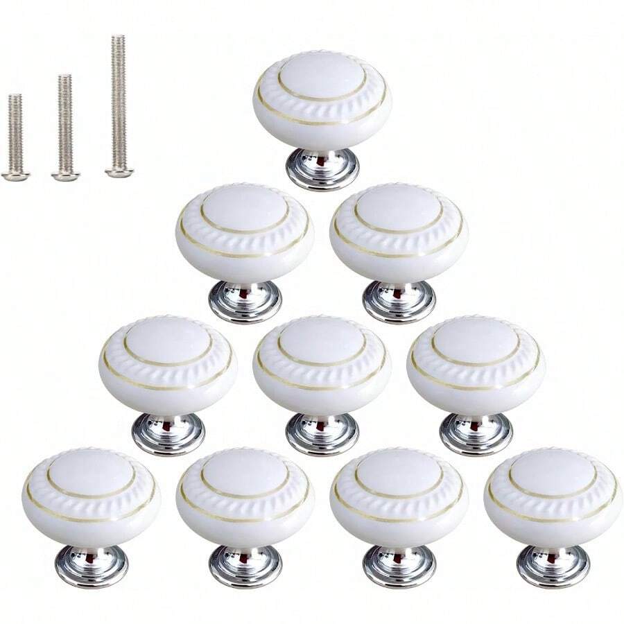 HUAMULAN Juego de 10 pomos de cerámica blanca con círculos dorados simples tiradores redondos para clóset de cocina base de aleación de zinc manijas de puerta de clóset cajones 3 tornillos de - Blanco con Círculo Dorado 10 piezas - Ver 1