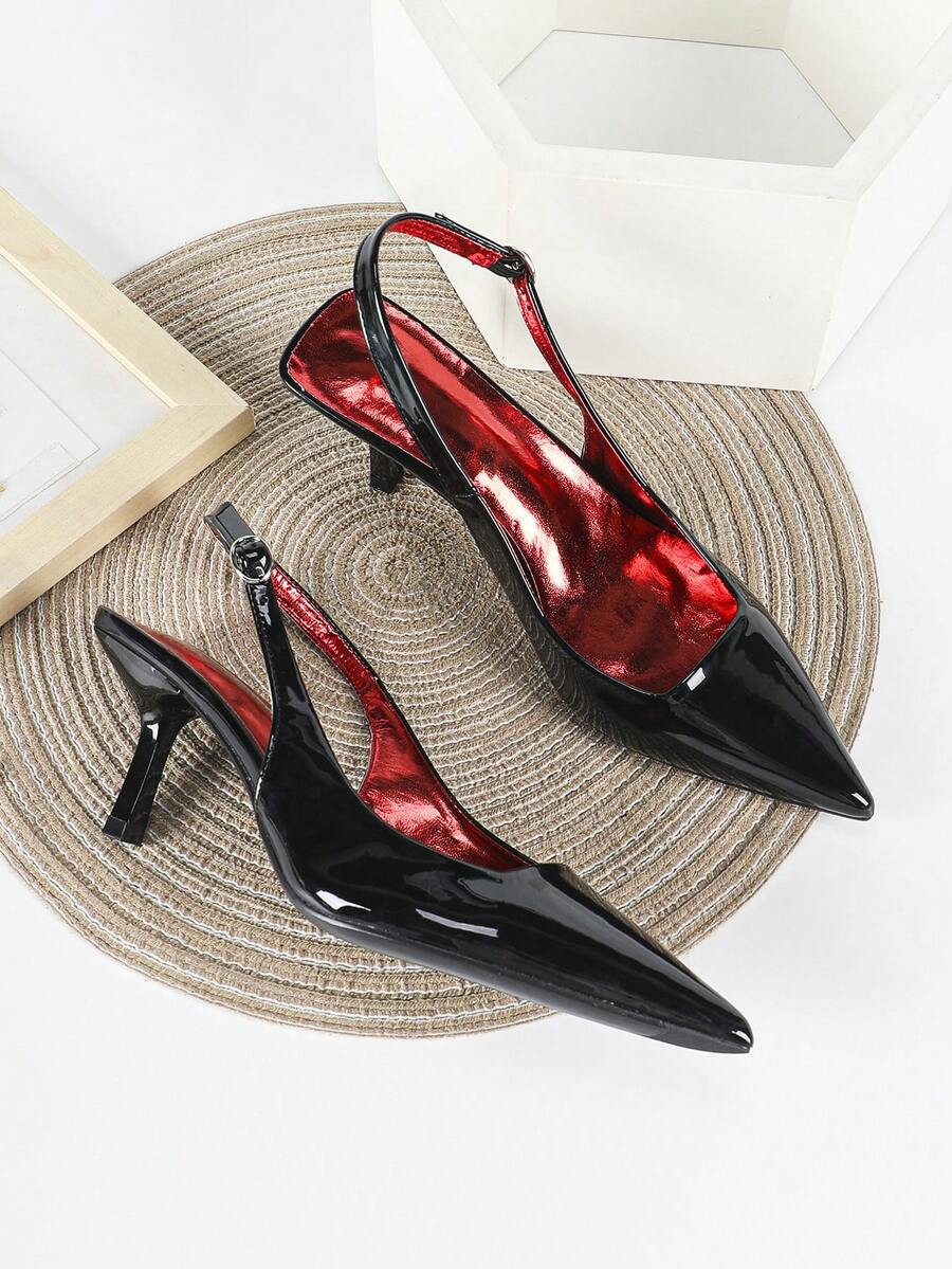 7cm Black High Heel Pumps, Slip-On Party Formal Stilettos, Pointed Toe High Heels With Red Lining,Kitten Heels - Black - View 1