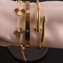 1pc/3pcs Stainless Steel 18K Gold Plated High Quality Four-Leaf Clover Diamond Women Bangle Bracelet, Suitable For Women's Daily Wear, Christmas Gift, Holiday Gift