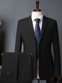 Men's White High-End Suit Set, Wrinkle Resistant And Non Hair Stained, Business Formal Wear, Four Season Commuting, Workplace, Party Dress, Two-Piece Set - Black - View 1