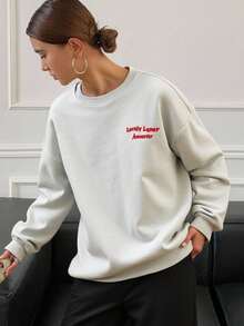 Livesso Damen Loose Fit Pullover mit Buchstickerei, Rundhalsausschnitt, Fleece, Langarm Oberteil, Herbstmode für Frauen - Grau - Übersicht 6