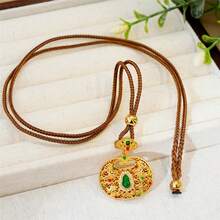 1pc Goldtone Prosperity Green Gourd Lock Pendant With Cubic Zirconia, Hollow Flower Filigree Butterfly Auspicious Lock Pendant With Inlaid Green Agate, Sweater Necklace