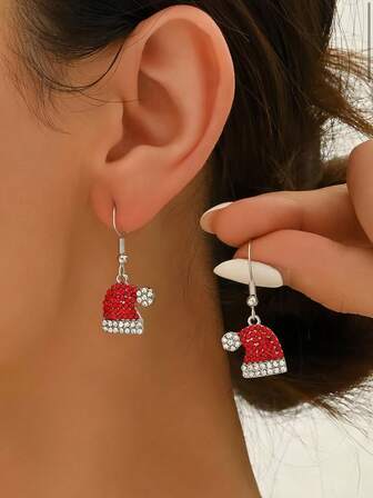 1对时尚镶钻圣诞帽红色耳环圣诞耳环女士耳环适合女士秋冬季佩戴，也适合圣诞派对等场合