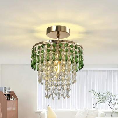 Special Green Octagonal Bead Teardrop Crystal Chandelier, Mini Gold Corridor Vintage Ceiling Lamp, Branch Chandelier, Semi-Flush Mount Ceiling Light, Modern Kitchen And Bedroom Ceiling Fixtures, E14 Socket (Light Source Not Included)
