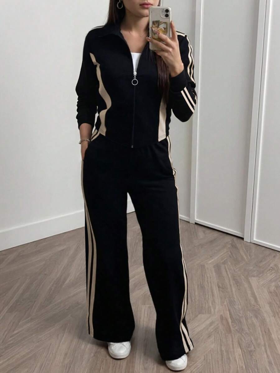 女士条纹印花长袖上衣和休闲直筒裤两件套，秋冬 - 黑色 - 查看 1