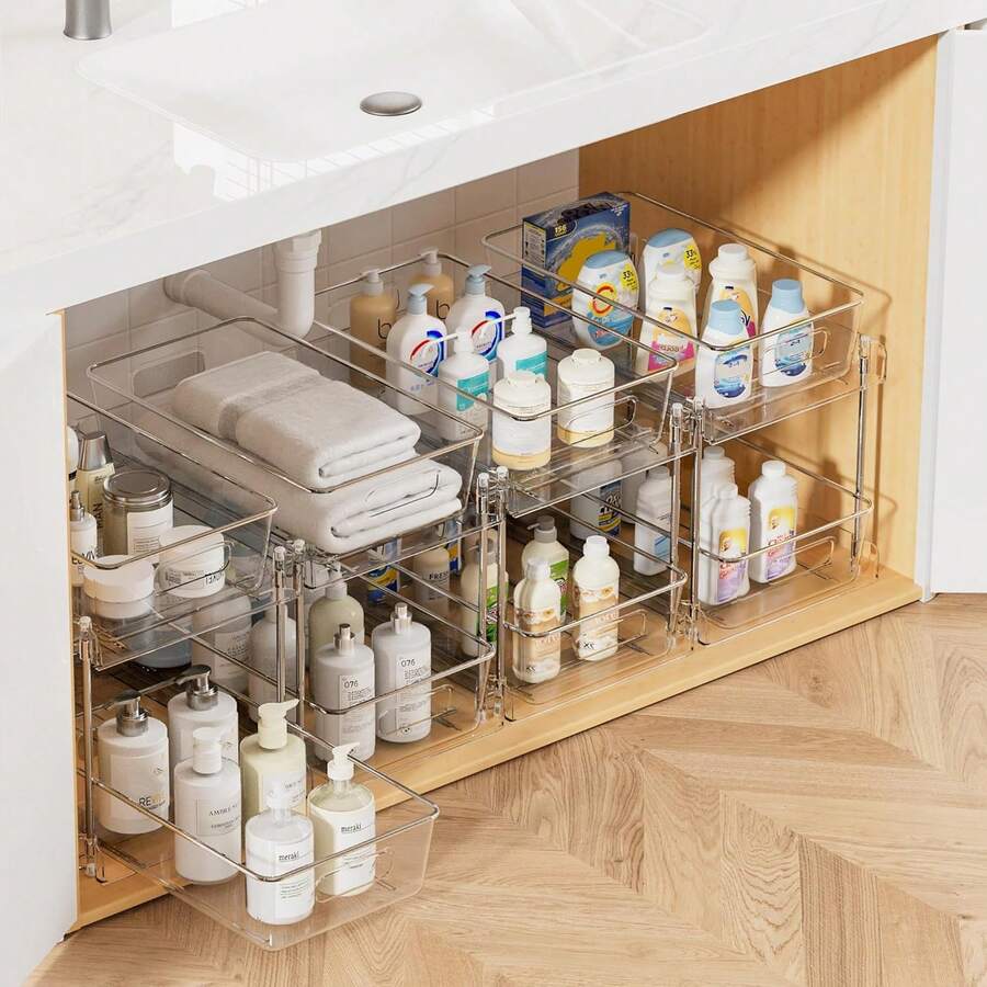 Vtopmart 4 Pack Bathroom Organizer, 2 Tier Clear Under Sink Organizers Vanity Countertop Storage Container,Cabinet Drawers Bins, Pull-Out Organization With Track For Pantry, Kitchen - 白色 - 查看 1