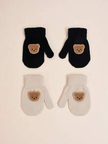 2 Pairs 1-3 Years Old Toddler Baby Autumn/Winter High Elasticity Knitted Warm Gloves, Infant/Children Cute Bear Mittens Gloves, Anti-Scratch & Bite, Suitable For Casual Daily Wear And Winter Warmth Single-Layer Gloves