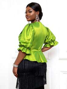 Plus Size Women's Shiny Puff Lantern Short Sleeve Blouse Asymmetrical Ruffled Party Cocktail Work Tops