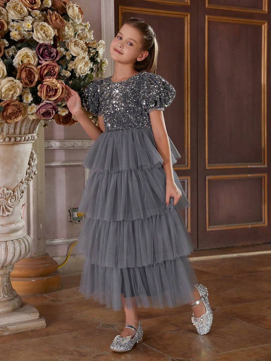 ALISA&LEO Sparkling Round Neck Tiered Tulle Flower Girl Dress With Sequin Bodice And A-Line Silhouette For Formal Galas, Evening Parties, Wedding Ceremonies, Birthday Celebrations, And Awards Nights –Dresses For Girl