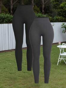 2 paia di leggings casual taglie forti in nero e grigio scuro, perfetti per l'abbigliamento sportivo delle donne in autunno, inverno e primavera. - Grigio Scuro - Visualizzare 1