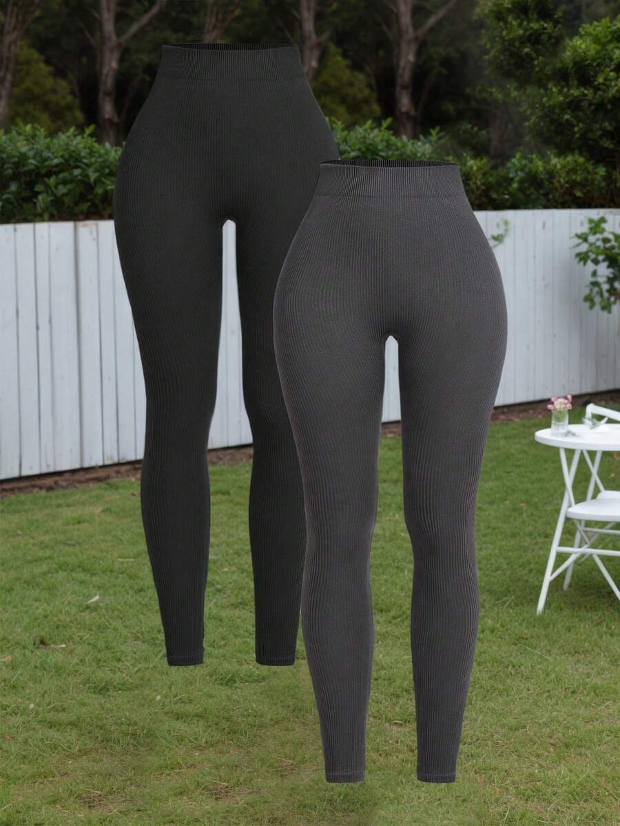 2 paia di leggings casual taglie forti in nero e grigio scuro, perfetti per l'abbigliamento sportivo delle donne in autunno, inverno e primavera. - Grigio Scuro - Visualizzare 1