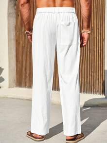 Runcati Men's Casual Loose Fit Cotton Linen Trousers Lightweight Elastic Waist Baggy Wide Leg Ideal For Summer Beach & Yoga - 白色 - 查看 2