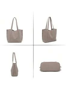 Black High Capacity Commuter Handbag, Women's Fashion Rivet Decor Shoulder Bag Unique Element Elegant Suede Design Handbag, Suitable For Dates, Daily, Shopping, Beach Vacation And Various Occasions (With Small Pouch Included) - Grey - View 5