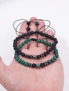 1 pieza Pulsera ajustable con cuentas de malaquita de 6 mm, pulsera de hematita y ónix mate, estilo bohemio, joyería de alma, regalo unisex para amigos y parejas