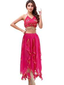 Bộ đồ múa bụng hai mảnh dành cho nữ: Áo croptop hở lưng đính sequin và chân váy chiffon bất đối xứng họa tiết lá sen. - Nhiều màu - Xem 19