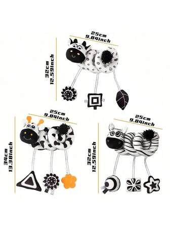 Baby's Black And White Animal Visual Stimulation Baby Bed Winding Around The Car, Animal Cartoon Sensory Toy, Spiral Plush Toy, With 3 Hanging Cartoon Toys,Random Color