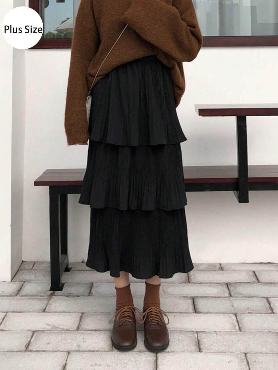 时尚高腰中长款修身百褶A字裙，百搭优雅