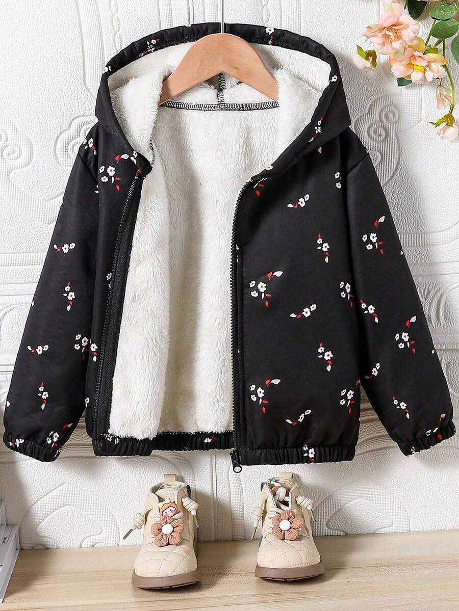 Tween Girl Floral Print Warm Hooded Jacket - Black - View 1