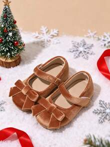 1 Pair Girls/Toddlers Mary Jane Bow Flat Shoes, Warm Indoor/Outdoor Party Holiday Flats Suitable For Christmas Party