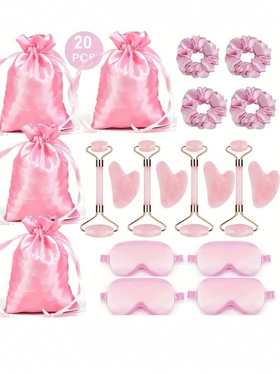 Set de 5 piezas/20 piezas de artículos para fiestas, antifaz rosa, masajeador facial y scrunchies para el cabello con bolsa de regalo - Perfecto para reuniones de mujeres, obsequios para despedida de soltera, regalos del Día de la Madre