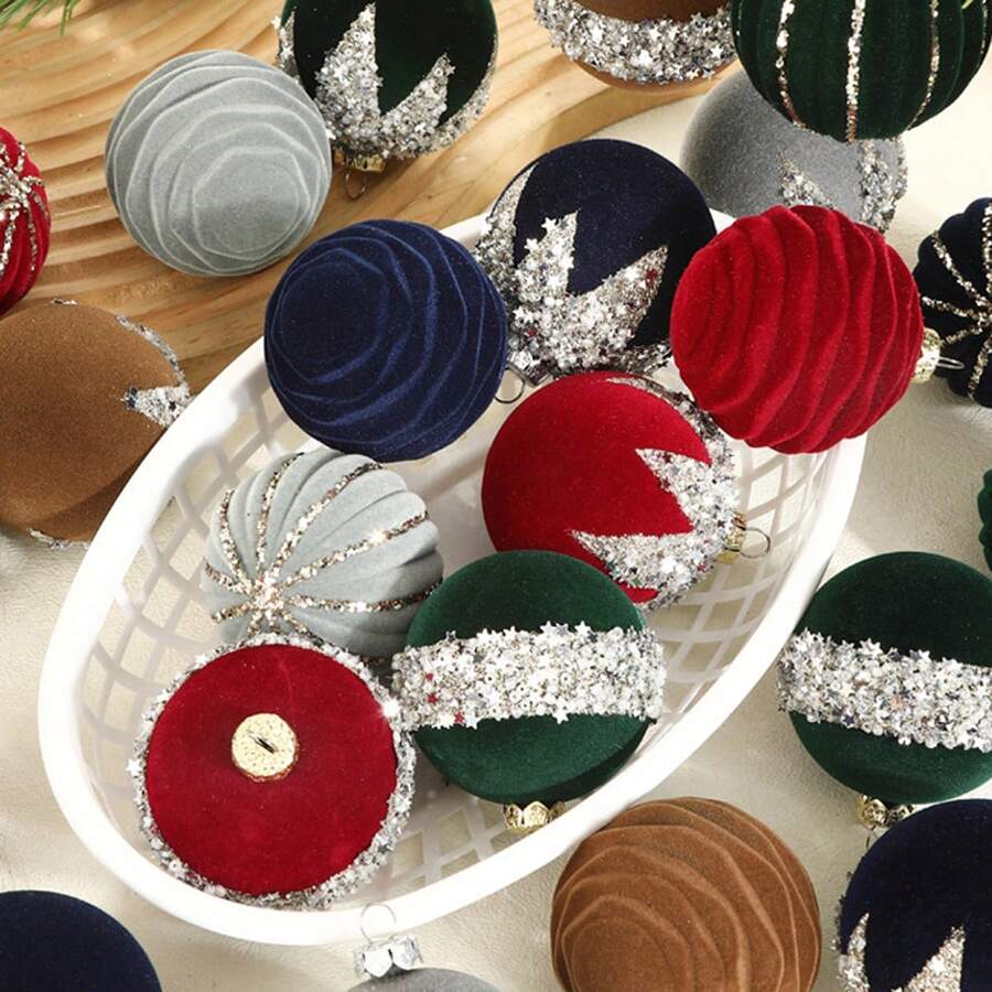 16Pcs Christmas Ball Ornaments Set Flocking Balls Tree Hanging Decor For Home Holiday Party - 綠色 - 查看 1