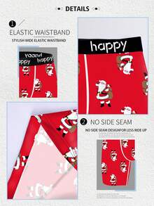 1-Pack Novelty Men's Shorts With Santa Claus Pattern Print, Made Of Polyester Elastic Fabric, Soft And Skin-Friendly, Quick-Drying And Breathable, Perfect Christmas Gift, With Letter Jacquard Waistband, Playful And Cute Home Casual Men's Long Flat-Angle Underwear