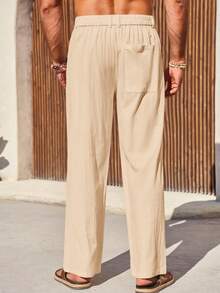 Men's Casual Loose Fit Cotton Linen Trousers Lightweight Elastic Waist Baggy Wide Leg Ideal For Summer Beach & Yoga - 杏色 - 查看 2