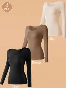 Bộ 3 áo thun dài tay liền mạch cho nữ, áo ren lót trong, quần áo siêu mỏng, quần áo mùa thu cho nữ, đồ lót giữ nhiệt trơn, ấm áp và thoải mái, áo lót cổ tròn dài tay không dấu vết, áo lót vừa vặn, co giãn cao, màu be, áo trong suốt, màu trơn, nhẹ và ấm áp cho mùa thu và mùa đông, vải mỏng, áo lót cơ bản - Nhiều màu - Xem 6