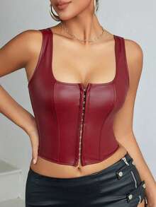Apperloth A Áo corset da PU kiểu Y2K cho nữ, cổ vuông, ôm sát ngực, có gọng, định hình eo, móc cài phía trước, buộc dây phía sau, hở lưng, dây đeo rộng, kiểu croptop dễ thương, thoải mái mặc hàng ngày, dự tiệc âm nhạc, lễ hội, hòa nhạc đồng quê, đi chơi, tiệc tùng mùa hè. - Màu Đỏ Sâu - Xem 1