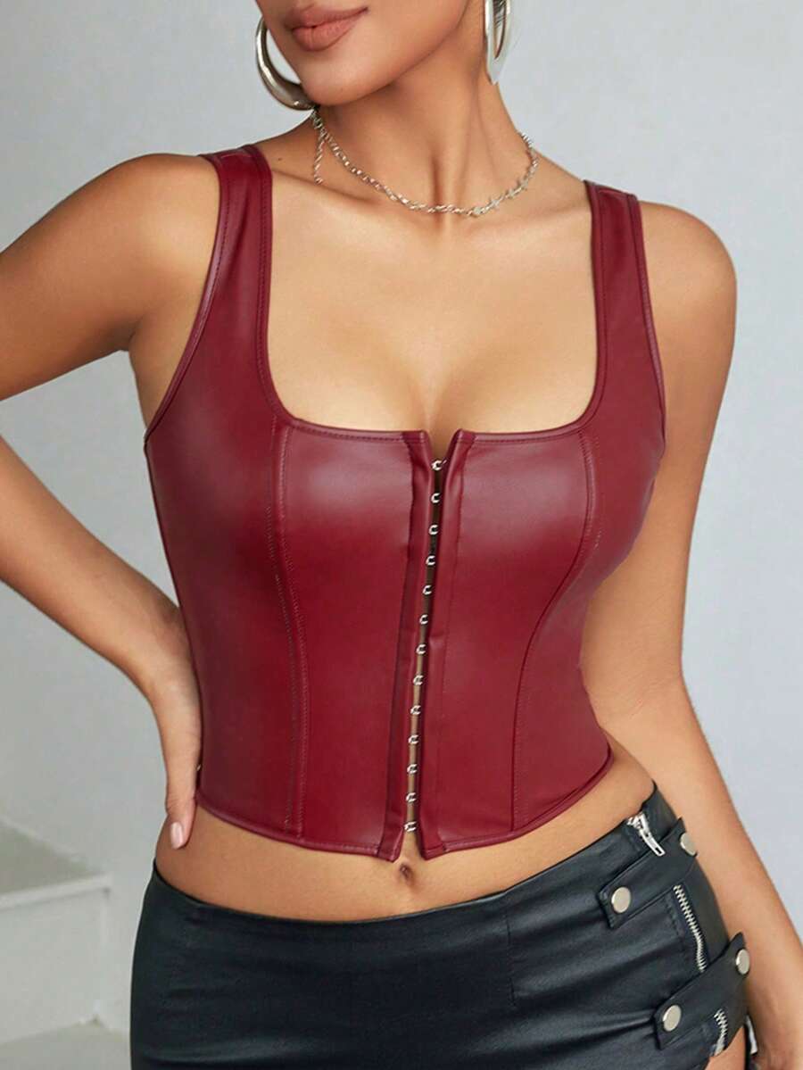 Apperloth A Áo corset da PU kiểu Y2K cho nữ, cổ vuông, ôm sát ngực, có gọng, định hình eo, móc cài phía trước, buộc dây phía sau, hở lưng, dây đeo rộng, kiểu croptop dễ thương, thoải mái mặc hàng ngày, dự tiệc âm nhạc, lễ hội, hòa nhạc đồng quê, đi chơi, tiệc tùng mùa hè. - Màu Đỏ Sâu - Xem 1