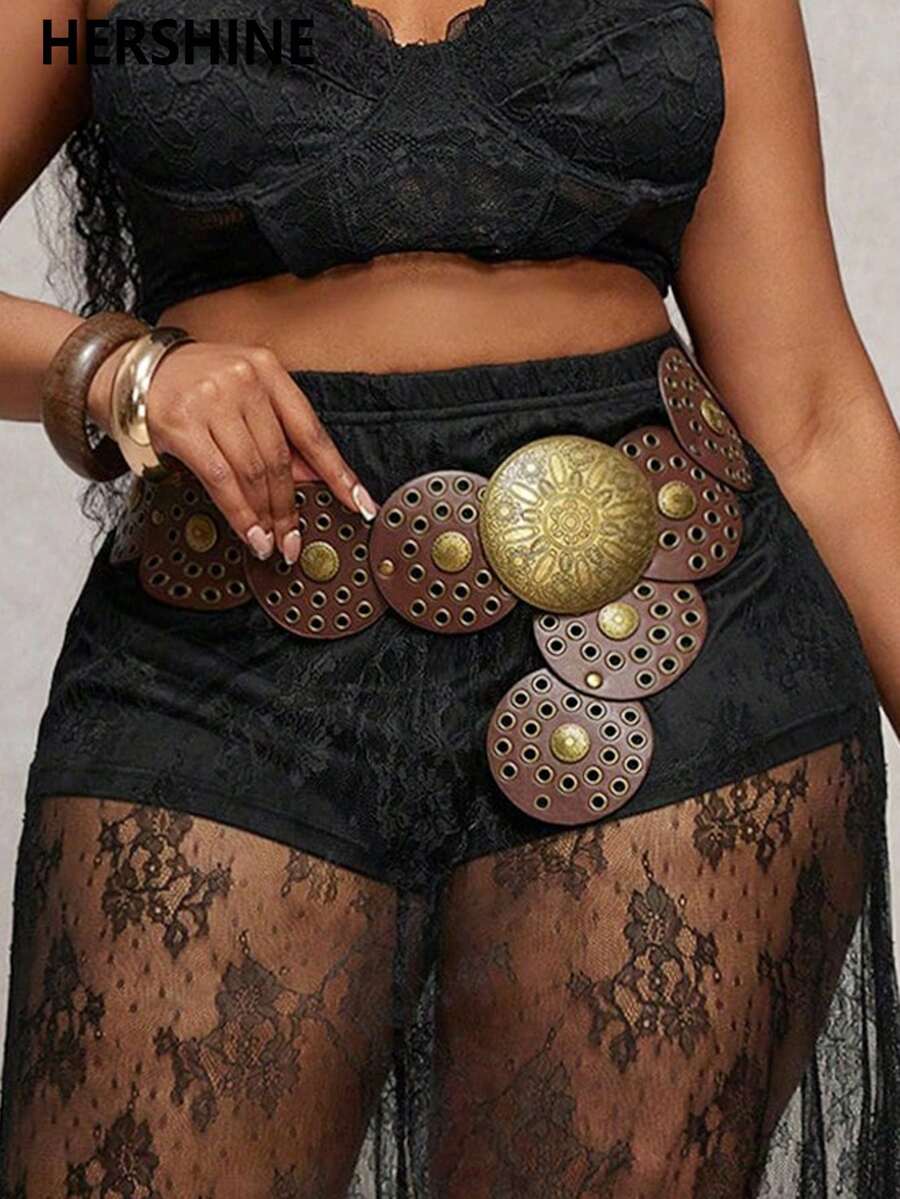 Hershine Cinto estilo cowboy ocidental boho punk, acessório da moda, cinto feminino marrom com fivela dupla redonda, cinto decorativo boêmio, adequado para o dia a dia, looks casuais, festas, férias, jantares, bailes, festivais, também ótimo como presente para amigos, familiares, mães, namoradas, aniversários, Dia dos Namorados, Dia das Mães