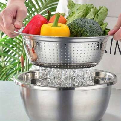 2pcs Stainless Steel Colander Strainer Basket, Household Kitchen Fruit Vegetable Washing Bowl, Thickened Rice Washing Bowl, Kitchen Utensils