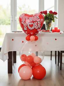 44pcs/Set Valentine's Day Party Decoration Balloon Set, Includes Giant Brown Bear Balloon, 18-Inch And 10-Inch Red Heart-Shaped Balloons, 18-Inch Red Printed "I Love You" Slogan Heart-Shaped Balloons, 18-Inch Clear Bobo Balloons, 10-Inch Red/Magenta/Macaron Pink Latex Balloons - Multicolor - View 8