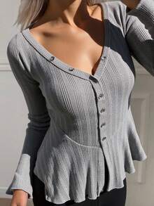 Livesso 女式纯色 V 领长喇叭袖优雅秋季上衣长袖上衣 - 灰色 - 查看 4