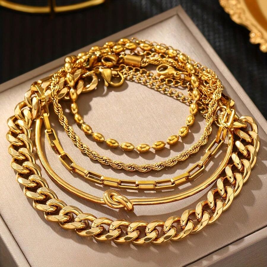 18K Gold Plated Stainless Steel Bracelet Set, Lightweight Luxury Jewelry, Won't Fade, Suitable For Vacation, Gifts, Parties