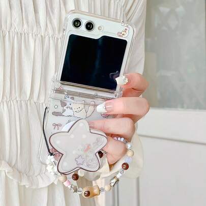 غطاء هاتف قابل للطي مع قطة ونجوم وسلسلة، مناسب لهواتف سامسونج جالكسي زد فليب 3 5G/جالكسي زد فليب 4 5G/جالكسي زد فليب 5 5G/جالكسي زد فليب 6 5G/جالكسي زد فليب 7 5G، غطاء هاتف قابل للطي جميل ومتين