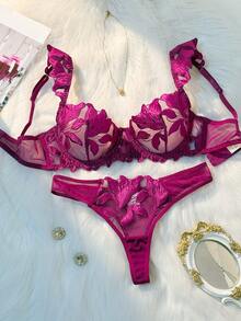 New Women's Fashionable & Charming Lace-Mesh Paneled Lingerie Set With Purple Floral Embroidery – A Romantic Surprise For Her - Màu tím - Xem 9