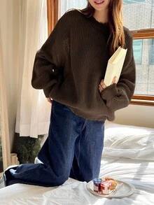 1pc Girls/Teens Casual Loose Comfortable Outdoor Thick Knit Long Sleeve Sweater, Autumn/Winter - Cà phê nâu - Xem 5