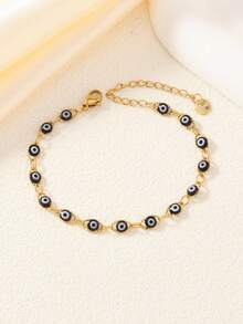 1pc Fashionable Golden Stainless Steel Devil Eye Bead Sliding Bracelet, Handmade With Size Variation