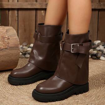女士中筒靴，棕色套穿圆头短靴，一脚蹬，简约时尚，百搭，秋冬踝靴