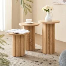 3-Piece Nesting Coffee Table Set, Modern Small Round Wood Side Tables, Fluted Drum Base, For Living Room, Bedroom, Apartment, Small Space, Sofa - 黃色 - 查看 6