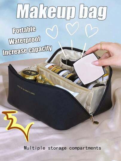 PU Leather Waterproof Makeup Bag, Portable Cosmetic Bag, Makeup Storage Pouch, Large Capacity Double-Layer Makeup Case, Suitable For Makeup, Skincare, Cosmetics Storage