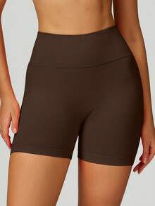 MASKERT 塑身高品质女士健身短裤瑜伽裤跑步运动裤高弹力运动裤 - 巧克力棕 - 查看 4