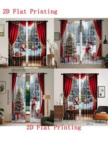 Conjunto de 2 Cortinas de Natal com Árvore de Natal - Bolso para Varão, Impressão Digital, Tecido de Poliéster, Apresentando Cena Natalina Nevosa com Boneco de Neve e Presentes, Decoração Vermelha e Branca Adequada para Sala de Estar, Cozinha, Quarto, Sala de Jantar, Decoração de Natal para Casa (Efeito Estampado, Sem Painéis de Cortina) Decorações de Natal Decoração de Casa Decoração de Quarto - Multicolorido - Ver 2