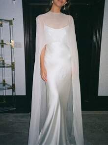 Sheer Long Poncho For Women Shrug Shawls And Wraps For Evening Dresses Lightweight High Low Chiffon Capes Pullover Tops Soft Wedding Cover Up - White - View 1