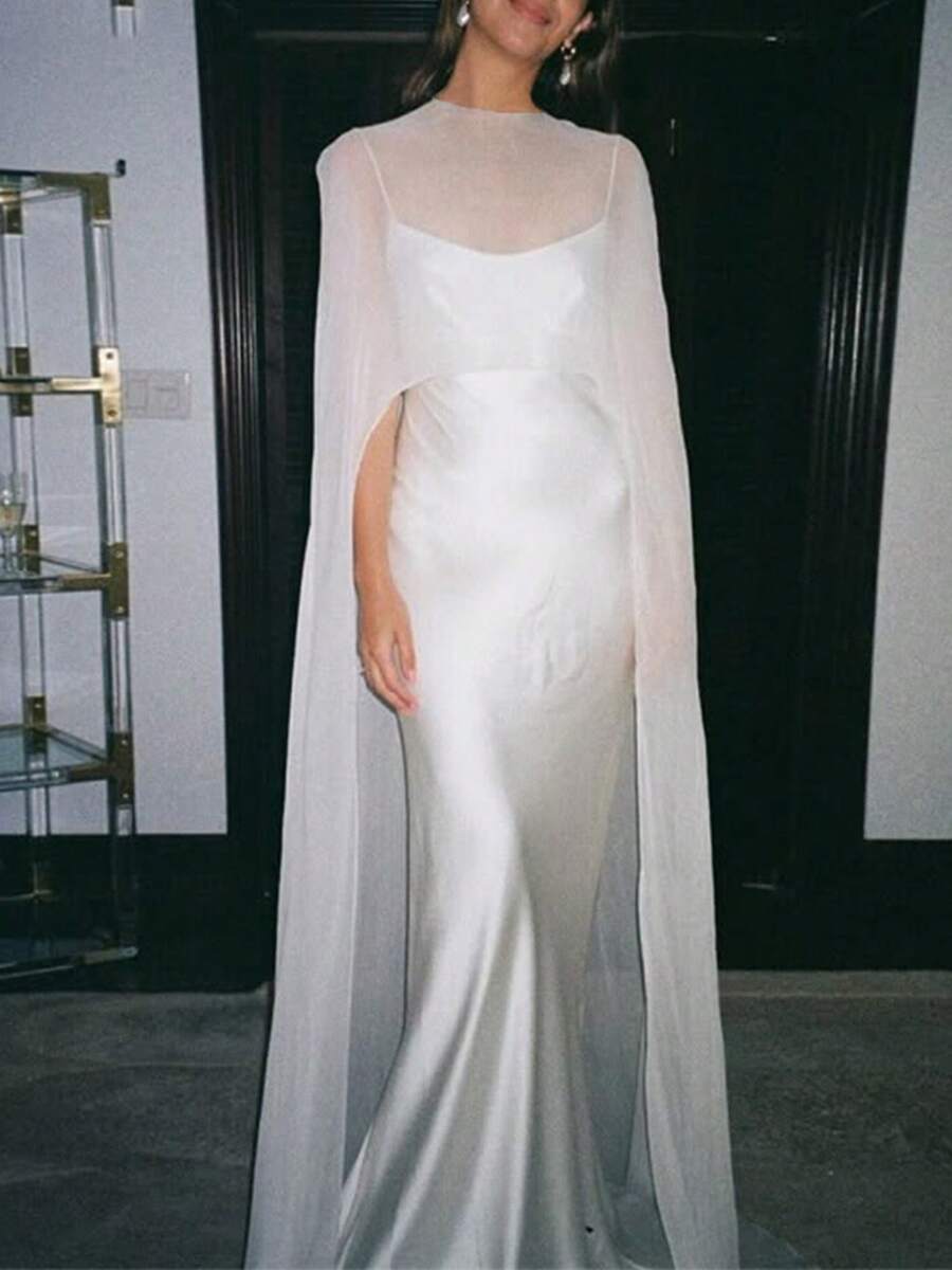 Sheer Long Poncho For Women Shrug Shawls And Wraps For Evening Dresses Lightweight High Low Chiffon Capes Pullover Tops Soft Wedding Cover Up - White - View 1