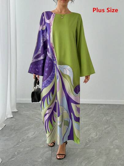 Plus Size Arabian Dress Elegant Long Sleeve Round Neck Long Woven Fabric Dress With Flounce Sleeve Colorful Print Dress For Holiday Formal Evening Dinner