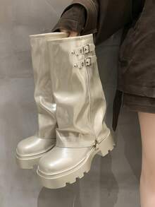 Shiny Fashion Flared Shaft Boots, Mid-Calf Slouchy Boots, Autumn/Winter New Versatile Skinny Tube Boots, Street Style Platform Round Toe Women Boots