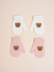 2 Pairs 1-3 Years Old Toddler Baby Autumn/Winter High Elasticity Knitted Warm Gloves, Infant/Children Cute Bear Mittens Gloves, Anti-Scratch & Bite, Suitable For Casual Daily Wear And Winter Warmth Single-Layer Gloves